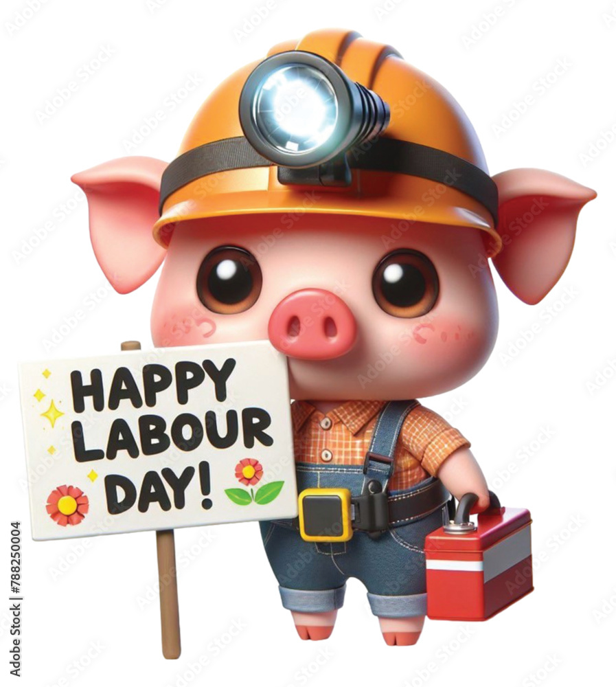 Naklejka premium Pig wearing a safety hat holding a sign labour day