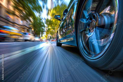 Dynamic Car Wheel Speeding on Urban Street. © Poter