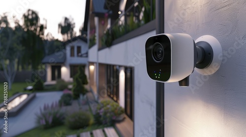 Smart home security camera side mounted on exterior wall with LED display and touch screen on front with house background.
