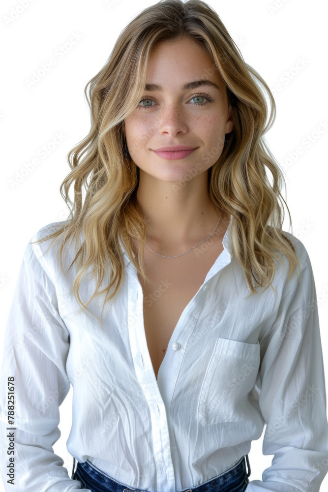 Confident and happy female businesswoman in casual dress on white background. Confident and happy female businesswoman in casual dress on white background.