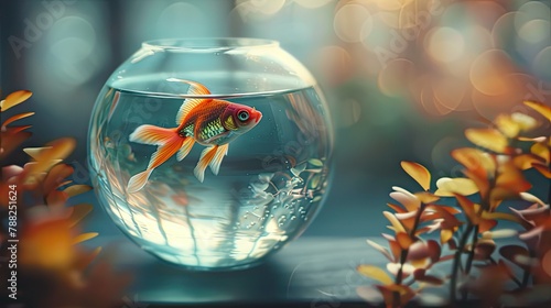 Goldfish in a glass ball  aquarium on the table  home interior  sunlight through the window.