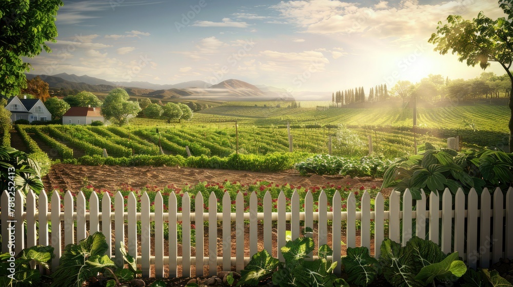 A white fence surrounded a vegetable garden with a beautiful green landscape. A farm and vineyard could be seen in the background. The sunlight shone realistically in the photo. A white fence surrounded a vegetable garden with a beautiful green landscape. A farm and vineyard could be seen in the background. The sunlight shone realistically in the photo.
