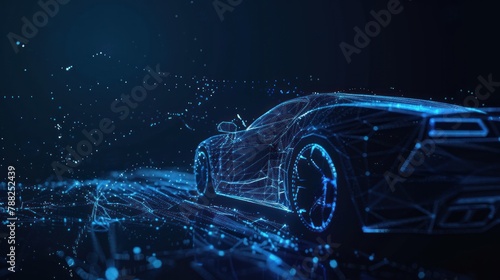 Abstract polygonal light of closeup realistic car side view in the dark. Business wire frame mesh spheres from flying debris. Sportcar silhouette concept. AI generated
