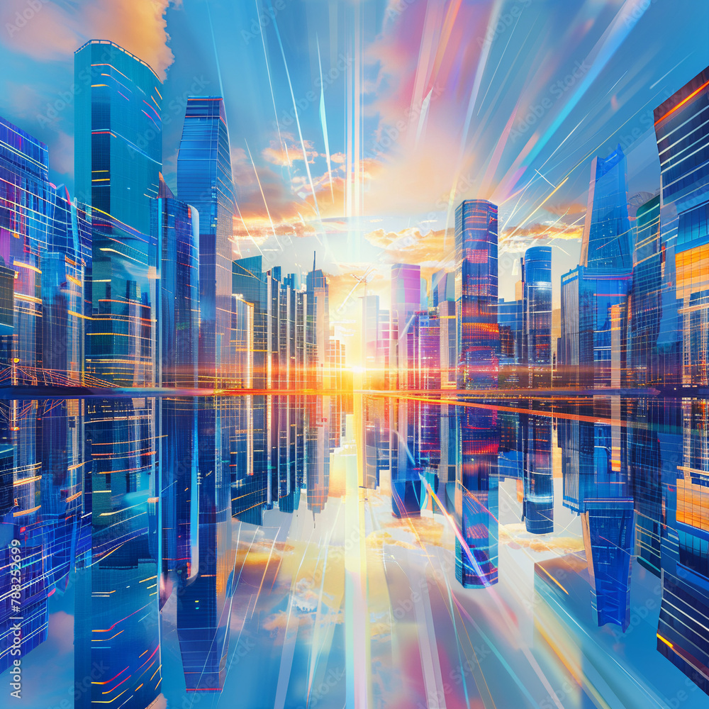 A futuristic view of the city with reflections in the water. AI.