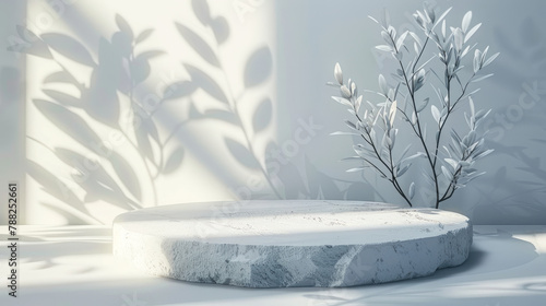 A 3D rendering of a minimalist white stone podium with delicate leaf shadows, exuding a sense of premium serenity and elegance.