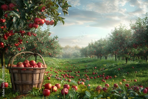 rustic apple orchard with a simple basket with apples on the grass. ai generated