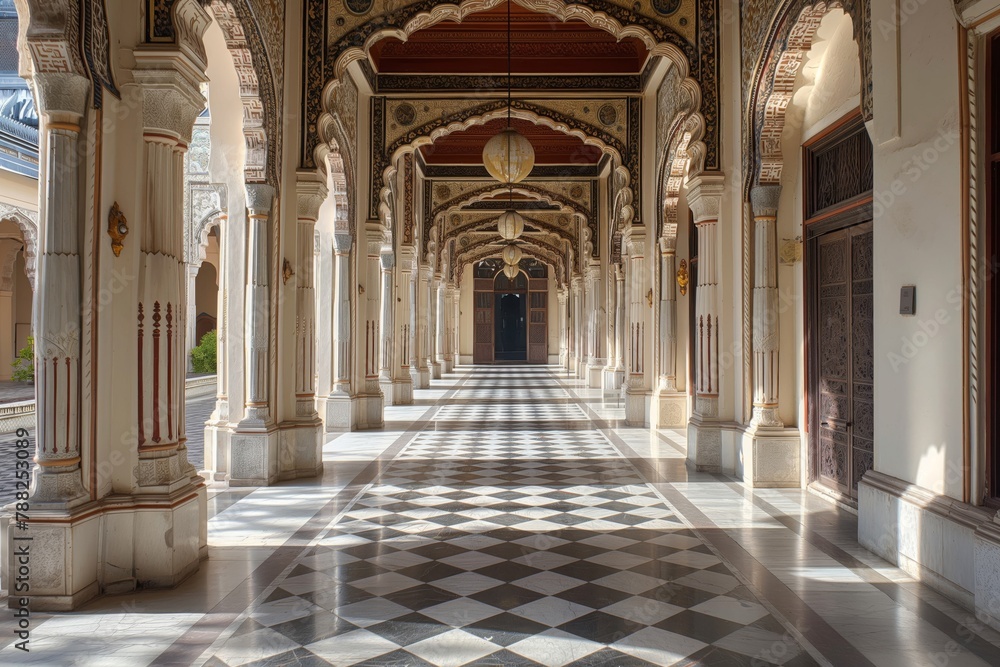 Sunlight bathes the intricate architecture of a palace's grand hallway, highlighting its elegance and detail