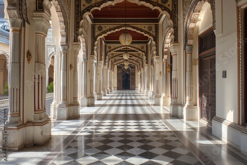 Sunlight bathes the intricate architecture of a palace's grand hallway, highlighting its elegance and detail