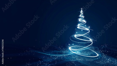 Abstract Glowing Christmas Tree Created With Light Trails on a Dark Blue Background