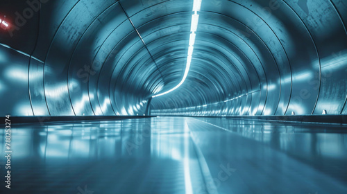 Capturing a long exposure shot of an empty curved underground tunnel with futuristic, minimalist design.