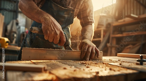 Skilled carpenter cutting a piece of wood in his woodwork workshop, using a hand saw, Pen, ruler, wood screw. Carpenter working on woodworking machines in carpentry shop. photo