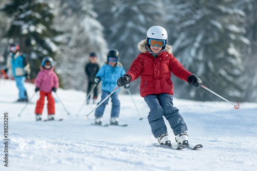Multi-generation family members of diverse backgrounds enjoy a winter day skiing together in the mountains