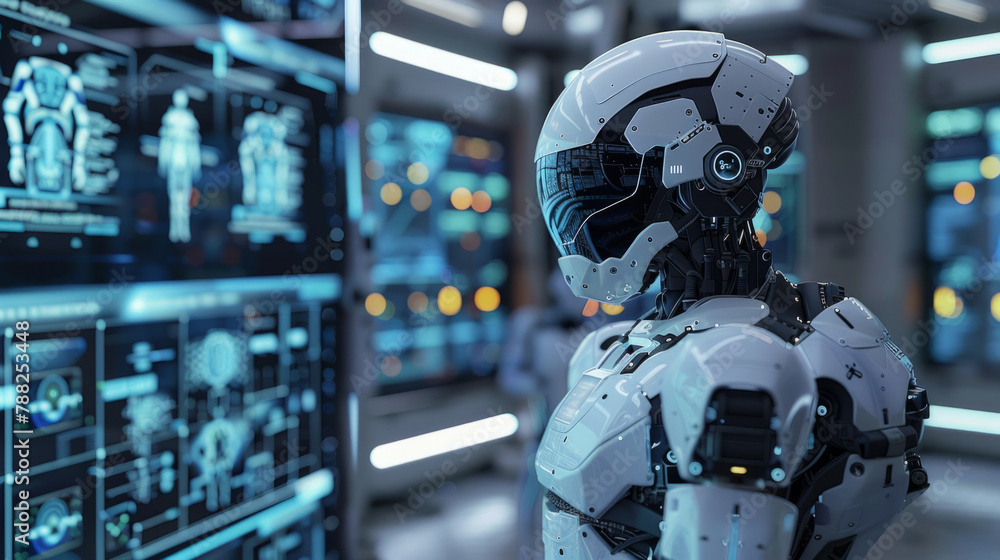 Cutting-edge robots demonstrate AI advancements on digital screens in a high-tech laboratory setting. Cutting-edge robots demonstrate AI advancements on digital screens in a high-tech laboratory setting.
