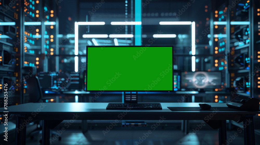 Green screen in an AI analysis room on computer screens in a large high-tech data center. The concept of web services, machine learning, cybersecurity 41