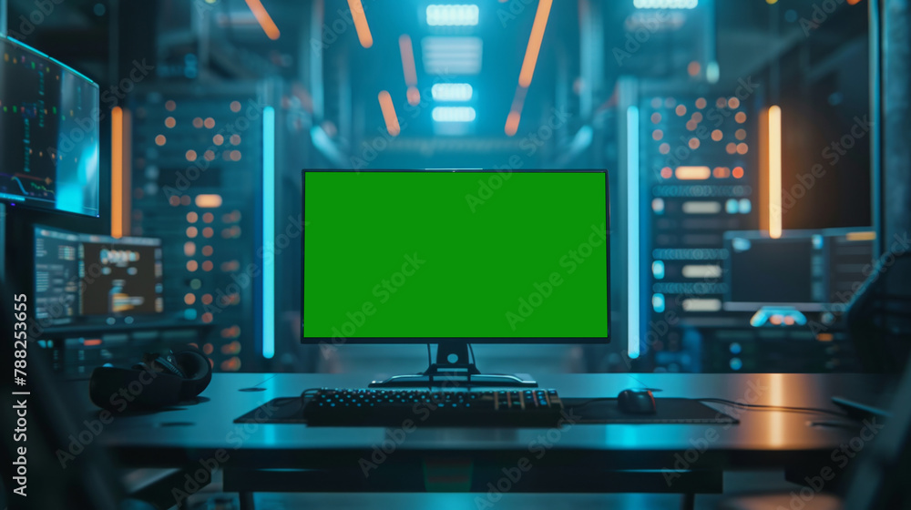 Green screen in an AI analysis room on computer screens in a large high-tech data center. The concept of web services, machine learning, cybersecurity 41