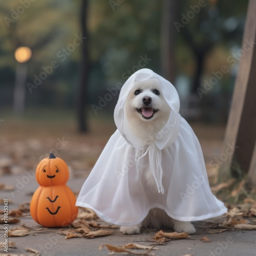 White happy funny dog in a ghost costume with pumpkin in the park. Small Adorable Dog Wearing cute ghost Halloween costume.
