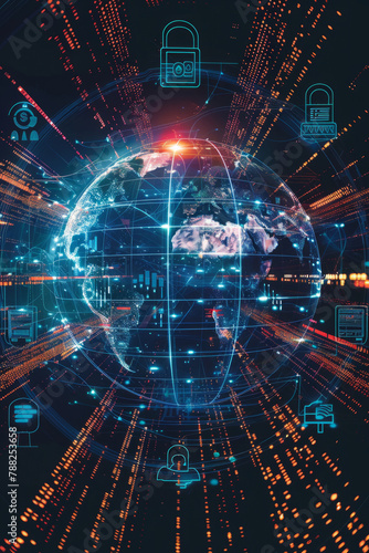 The illustration depicts global security in the digital space, represented by a digital globe surrounded by cybersecurity icons and network data flows.