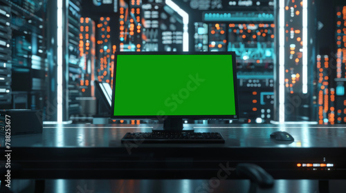 Green screen in an AI analysis room on computer screens in a large high-tech data center. The concept of web services  machine learning  cybersecurity 41