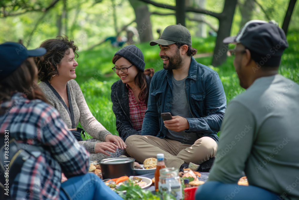 Friends sharing laughs at picnic Friends sharing laughs at picnic
