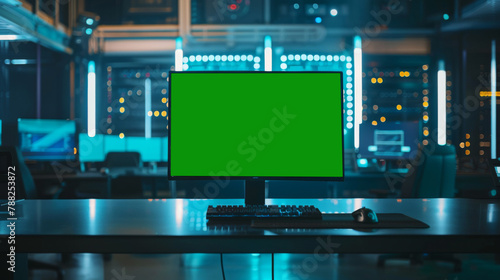 Green screen in an AI analysis room on computer screens in a large high-tech data center. The concept of web services, machine learning, cybersecurity 41 © MUS_GRAPHIC