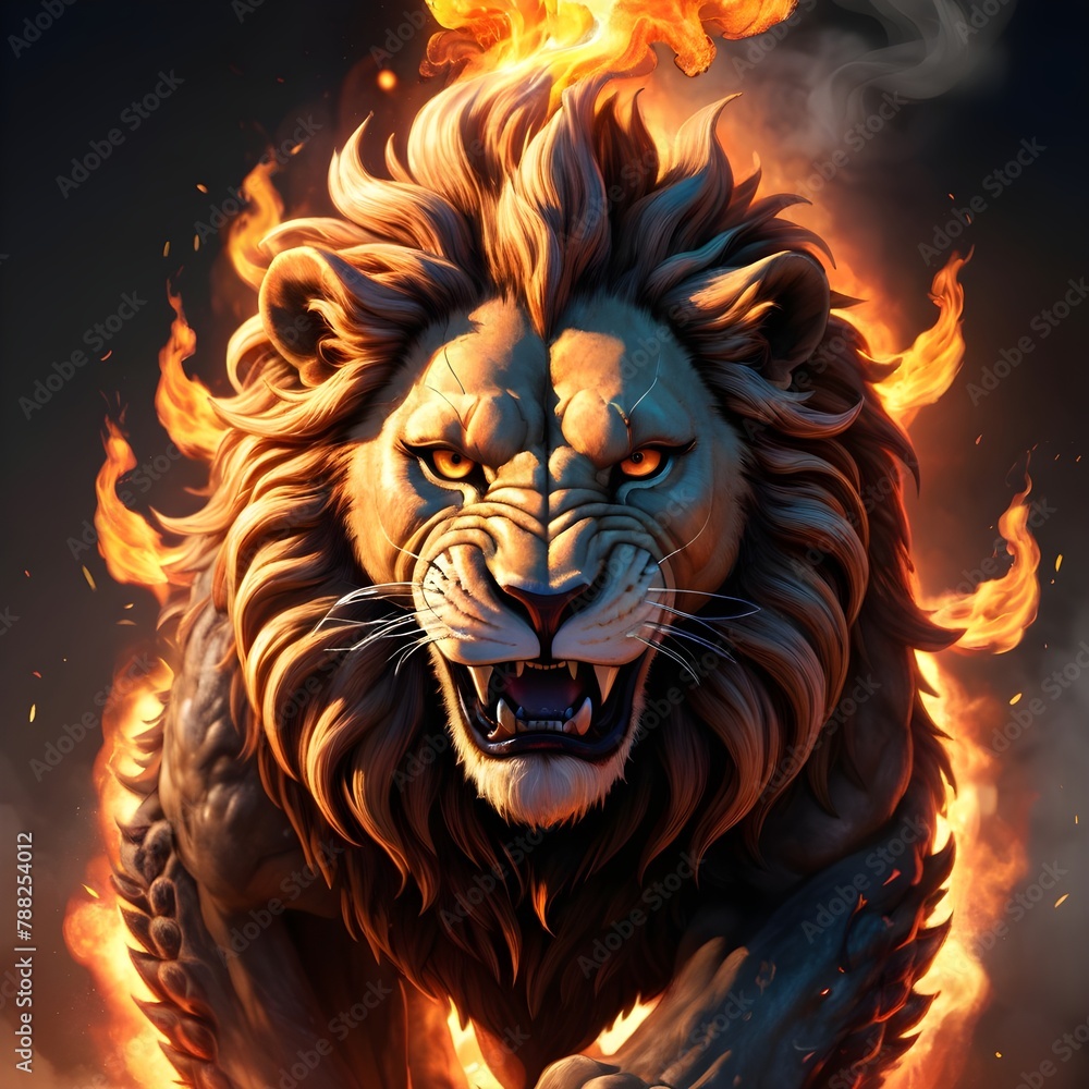Obraz premium Lion King roarring in flames...