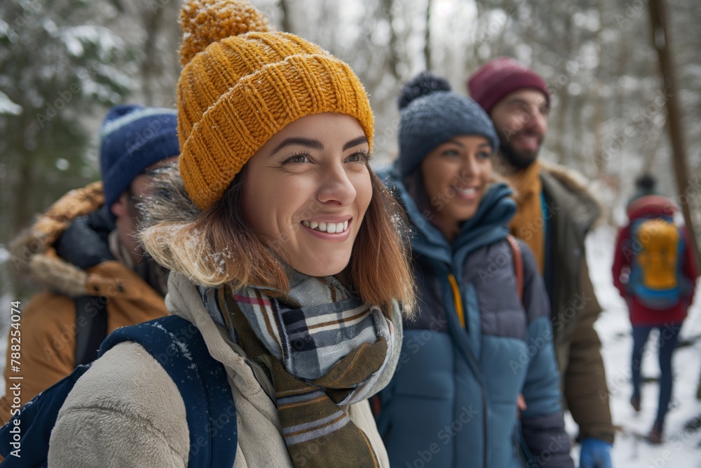 Fototapeta premium Group of friends enjoying a winter trek together
