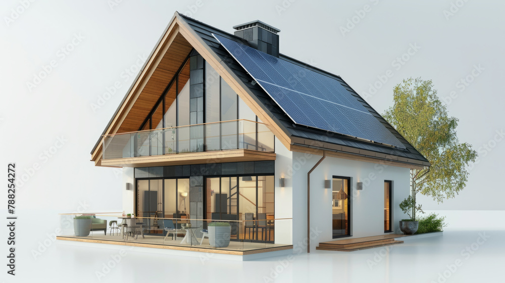 A 3D model of a modern eco-friendly house with solar panels on the roof, showcasing sustainable living practices. A 3D model of a modern eco-friendly house with solar panels on the roof, showcasing sustainable living practices.