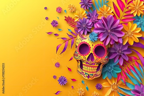 Colorful Day of the Dead Skull with Vibrant Flower Surroundings