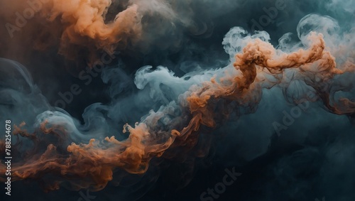 Mist texture. Color smoke. Paint water mix. Mysterious storm sky. Bronze glowing fog cloud wave abstract art background. photo