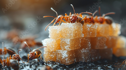 The ant is trying to carry away a piece of sugar photo