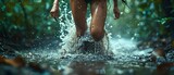 Dynamic Splash: Woman's Trail Run in Wilderness. Concept Trail Running, Wilderness Adventure, Dynamic Movement, Outdoor Exercise, Woman Athlete