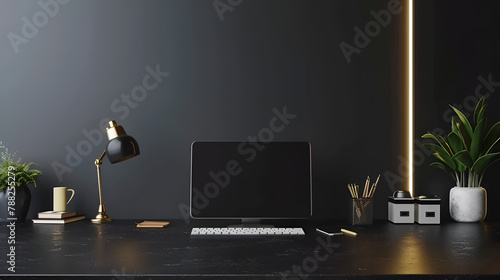 modern black office interior with a laptop on table,generative ai © Mahnoor