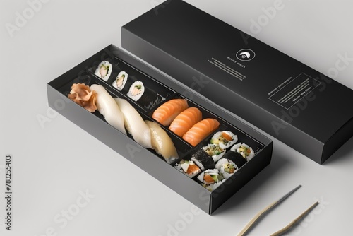 Elegant sushi set in a black box with chopsticks.