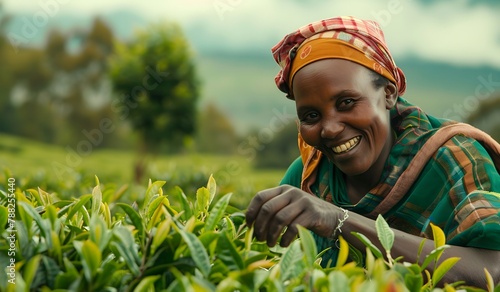 black woman smiling  collecting tea on a tea plantation  national clothes  label  tea business card  Rwanda  Africa