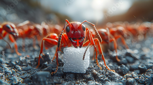 The ant is trying to carry away a piece of sugar photo