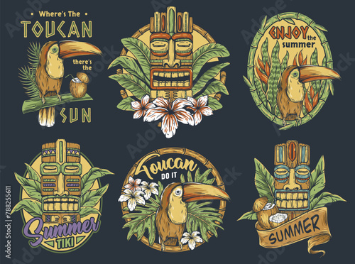 Set of tiki masks and toucans with summer themes for hawaiian-style prints and decor. Hawaii wooden tiki mask collection. Traditional ethnic idol of maori or polynesian. Old tribal totem for tiki bar