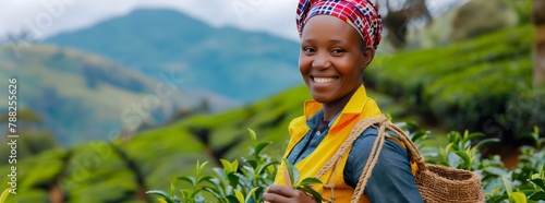 black woman smiling, collecting tea on a tea plantation, national clothes, label, tea business card, Rwanda, Africa photo