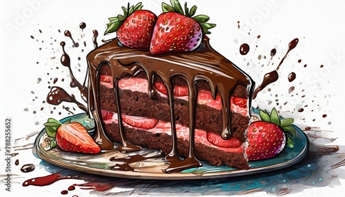 ilustración tarta de chocolate y fresas