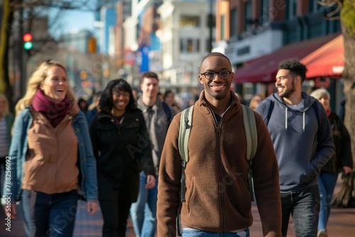 Urban diversity - smiling pedestrians on city street