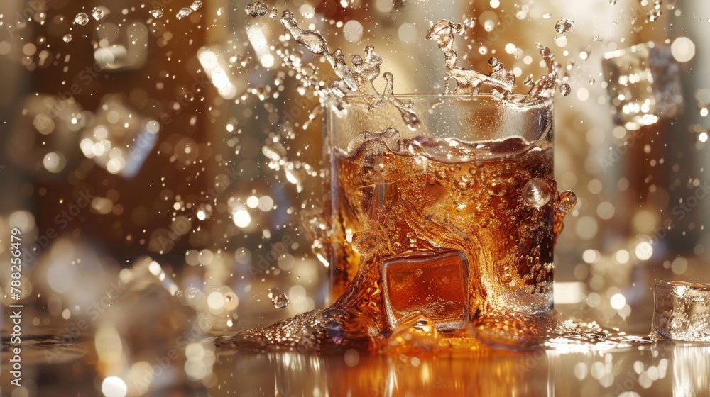A glass of soda with ice cubes dropping to it causing splashes A glass of soda with ice cubes dropping to it causing splashes