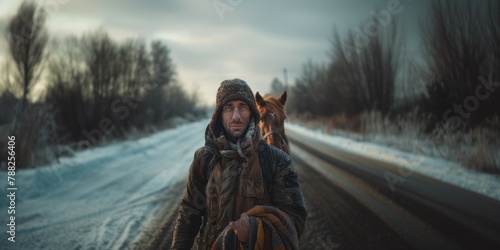 A mysterious traveler walking charismatically in old clothes in cold weather. A surrealist photo. horse and man in the same body photo