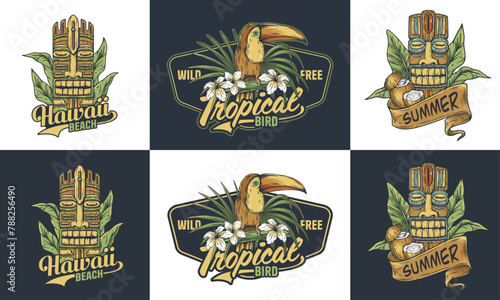 Set of tiki masks and toucans with summer themes for hawaiian-style prints and decor. Hawaii wooden tiki mask collection. Traditional ethnic idol of maori or polynesian. Old tribal totem for tiki bar