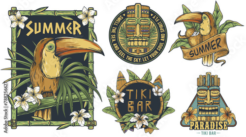 Hawaii wooden tiki mask collection. Traditional ethnic idol of hawaiian, maori or polynesian. Old tribal totem for tiki bar. Set of tiki masks and tropical elements for summer and hawaiian designs