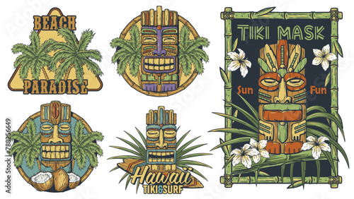 Hawaii wooden tiki mask collection. Traditional ethnic idol of hawaiian, maori or polynesian. Old tribal totem for tiki bar. Set of hawaiian tiki masks for summer themes with tropical design elements