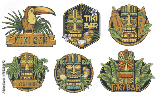 Hawaii wooden tiki mask collection. Traditional ethnic idol of hawaiian, maori or polynesian. Old tribal totem for tiki bar. Set of colorful tiki masks for summer-themed print and design