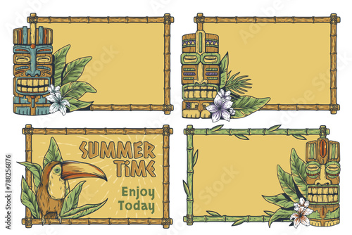 Hawaii wooden tiki mask collection. Traditional ethnic idol of maori or polynesian. Old tribal totem for tiki bar. Set of hawaiian tiki masks with summer and bamboo background with frame elements
