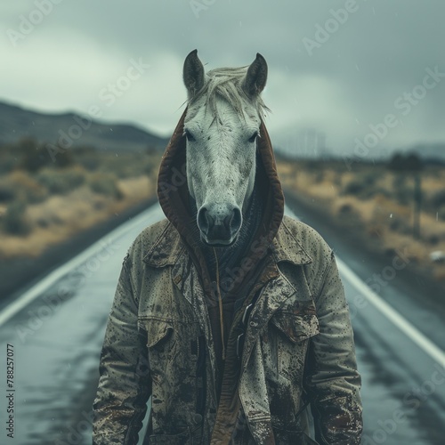 
A mysterious traveler walking charismatically in old clothes in cold weather.
A surrealist photo.
horse and man in the same body
