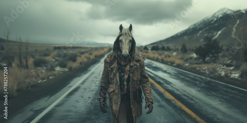  A mysterious traveler walking charismatically in old clothes in cold weather. A surrealist photo. horse and man in the same body