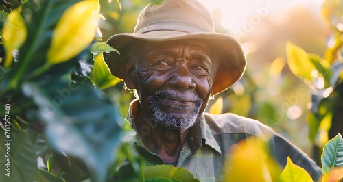 black man smiling, collecting tea on a tea plantation, national clothes, label, tea business card, Rwanda, Africa
