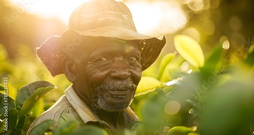 black man smiling, collecting tea on a tea plantation, national clothes, label, tea business card, Rwanda, Africa